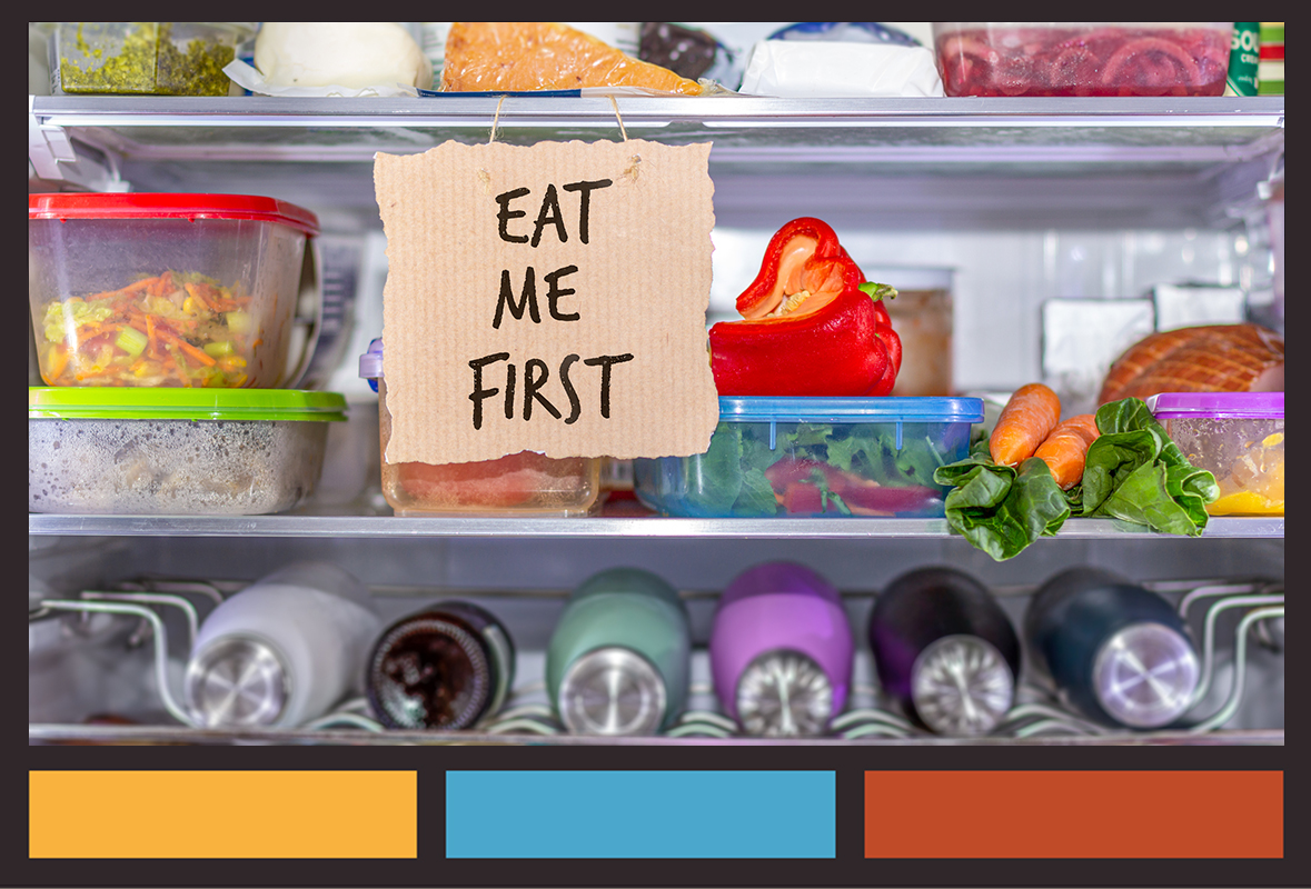 Leftovers in a refrigerator with a sign that reads "eat me first"