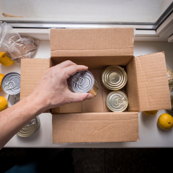A person putting canned goods into a cardboard box